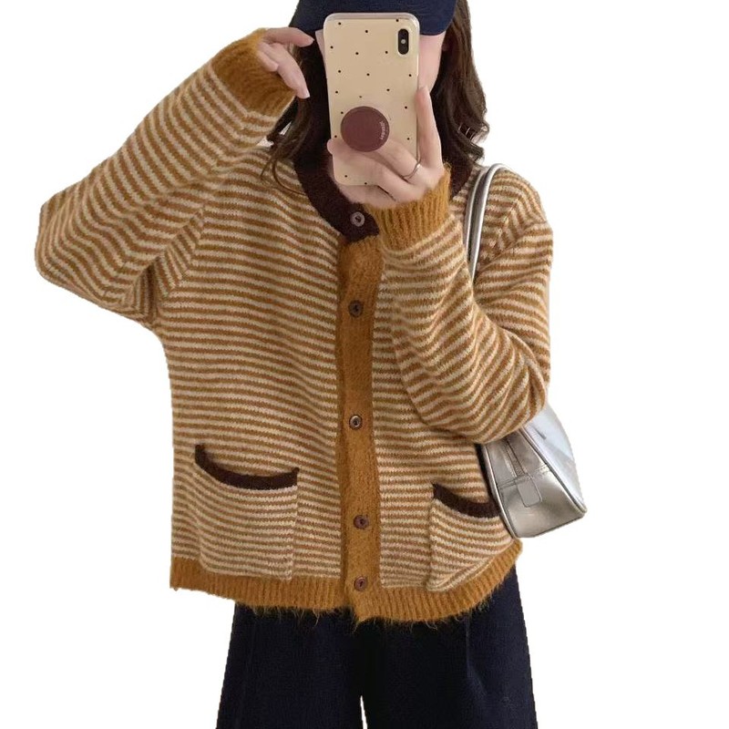复古撞色条纹针织开衫女韩系秋冬新款跨境宽松百搭显瘦毛衣外套女|undefined
