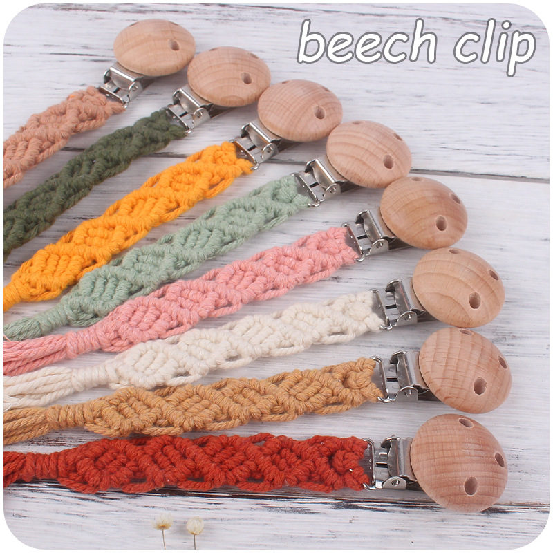 Suministros de bebé haya con agujero pezón clip pezón cuerda bebé creativo DIY hecho a mano tejido de algodón cuerda pezón cadena