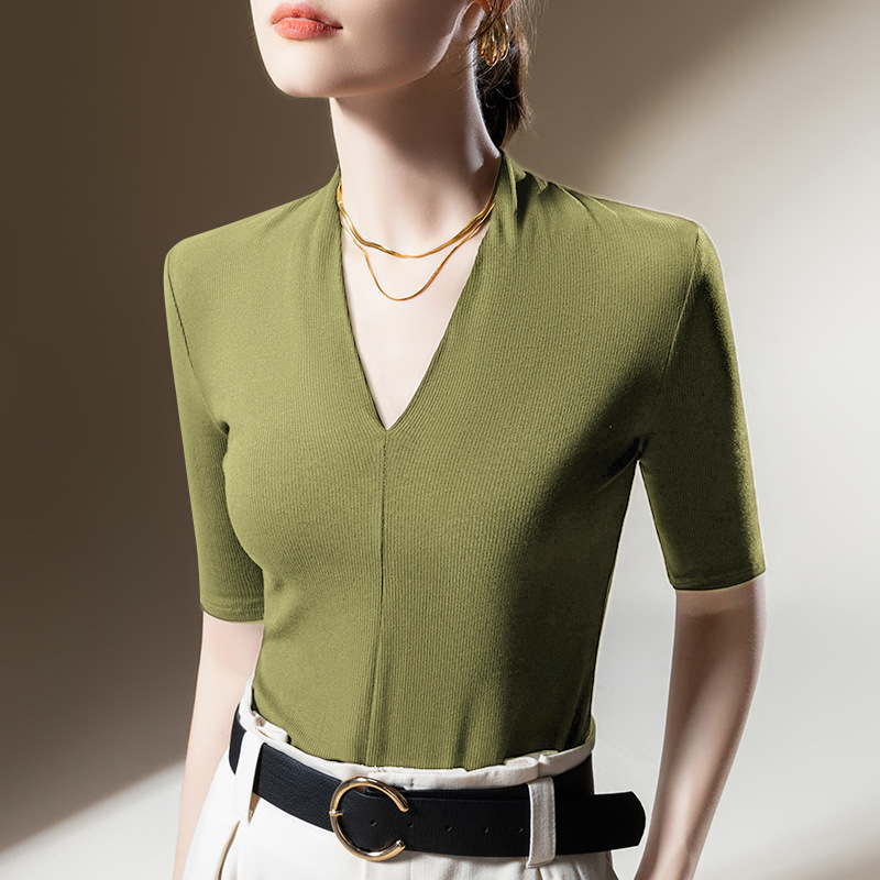 Medium-sleeved T-shirt Women's New Women's Clothing Solid Color Threaded Half-sleeved T-shirt Temperament Deep V-neck Waist Top Short Sleeve_ecoleips.com