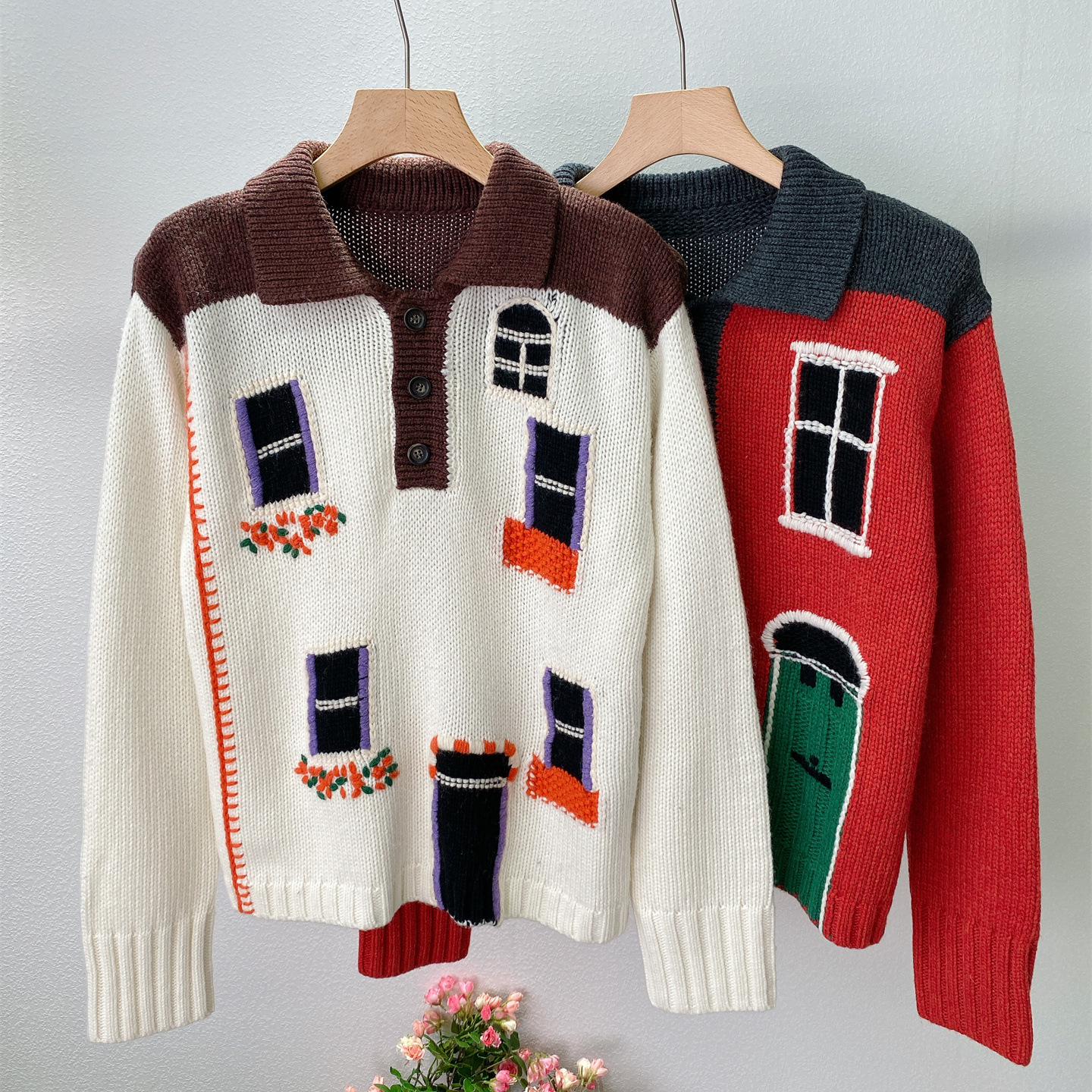 英国小众别致抽象房子图案钩花针织衫百搭休闲翻领套头羊毛毛衣女