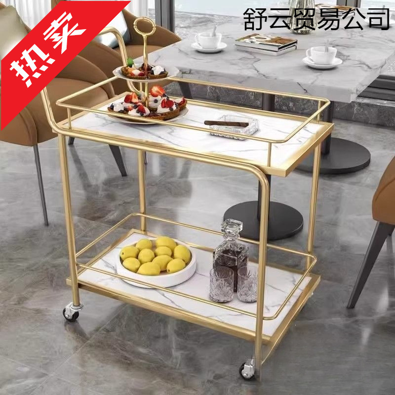 High-end dining cart, storage cart, wrought iron restaurant serving cart, hotel trolley, multi-layer mobile beverage cart, Nordic gold color