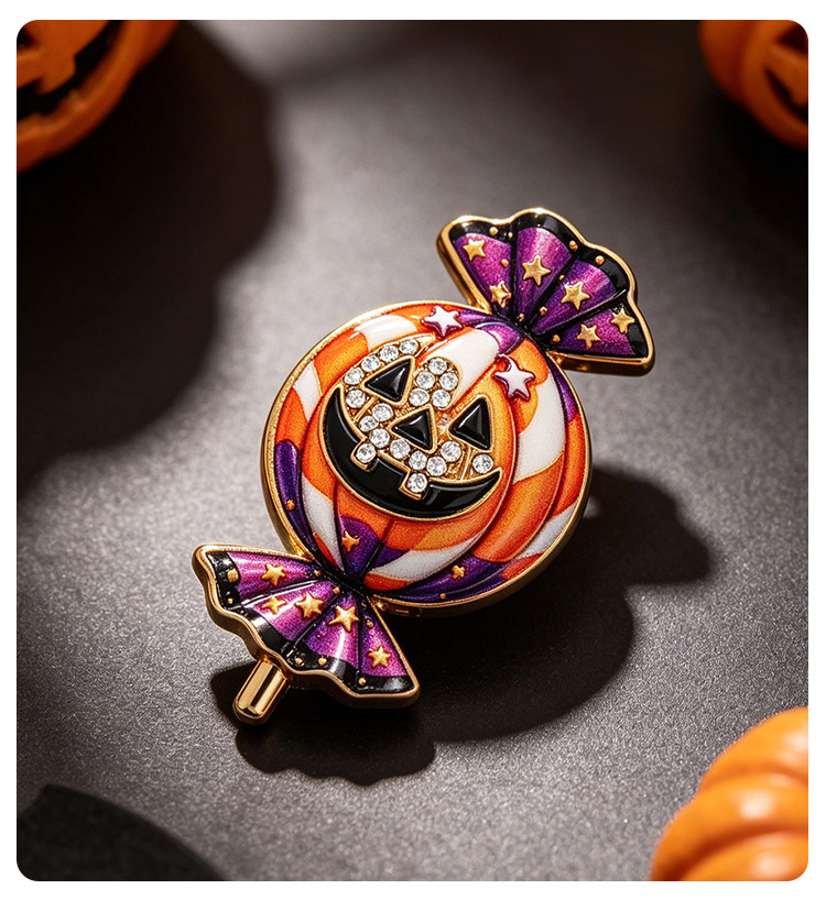 Halloween pumpkin candy brooch, striped candy-shaped, diamond-embellished enamel, eco-friendly alloy, women's suit decoration pin