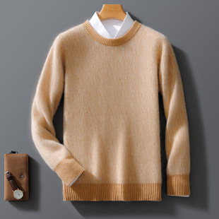Autumn and Winter New Men's 100 Pure Woolen Sweater Crewneck Sweater Thickened Business Casual Color-block Woolen Sweater Top