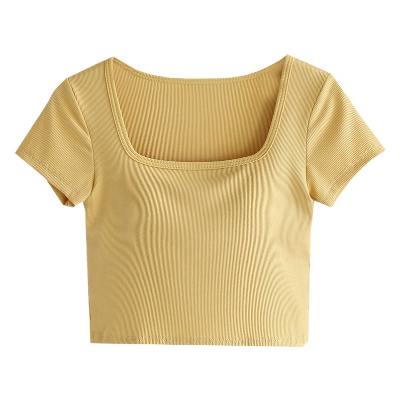 Square Collar Navel Short Sleeve with Chest Pad Women's Inner Slim-fit Base Shirt Clavicle-exposed Short High Waist Top T-shirt Outer Wear
