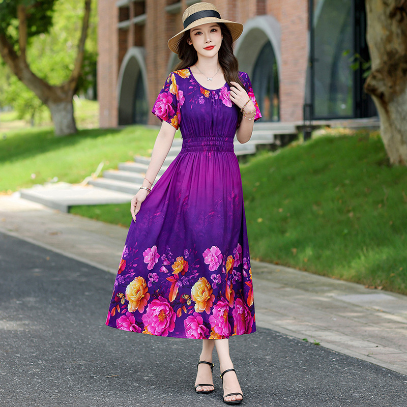 2025 New Young Mother's Cotton Silk Dress Women's Summer High-End Elegant Artificial Cotton Waist Long Skirt
