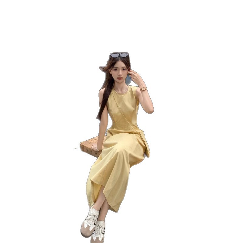 純粋で優しいノースリーブイエロードレスレディース夏韓国風ラウンドネックウエスト痩身Aラインベストロングスカート|undefined