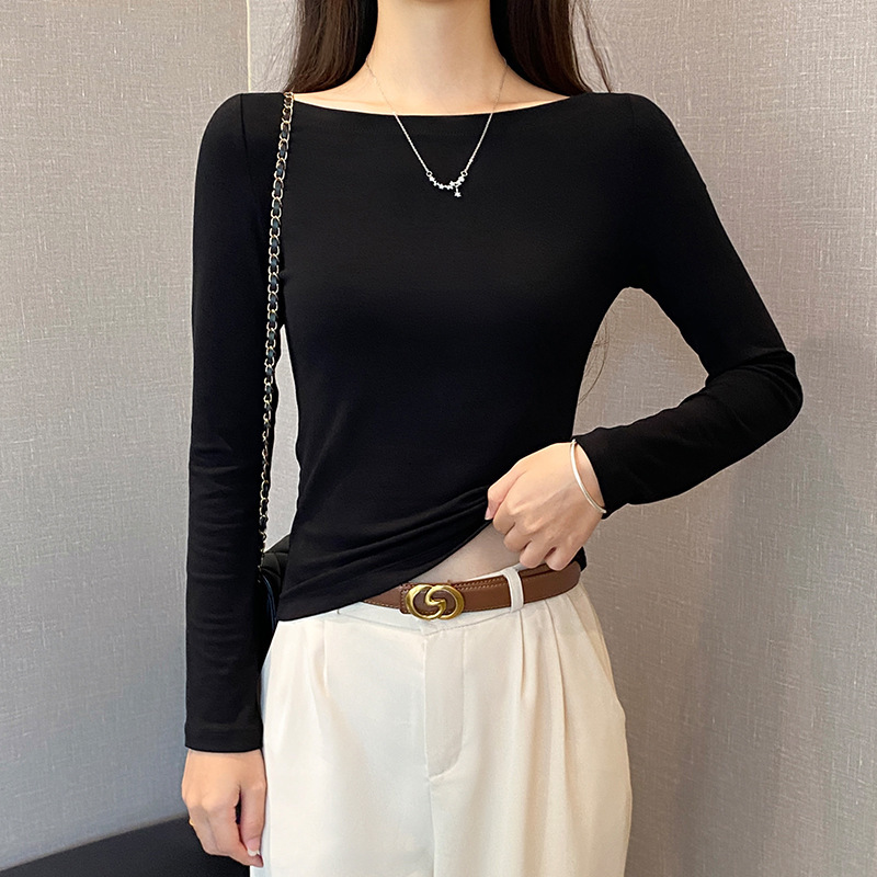 Black Off-Shoulder Long-Sleeve T-Shirt for Women 2025 Spring and Autumn Slim Fit Base Shirt for Mid-Autumn Festival Versatile Slimming Off-Shoulder Top Trendy
