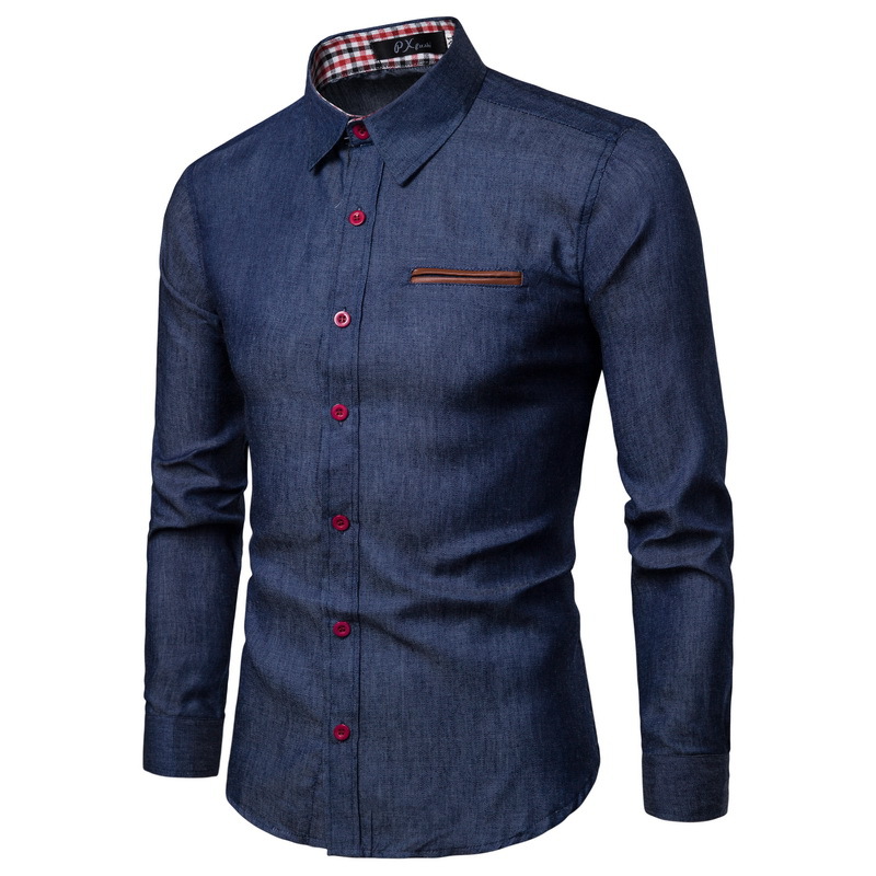 Casual herenoverhemd met lange mouwen en patchwork, Europese en Amerikaanse mode, trendy denim_voghion.com