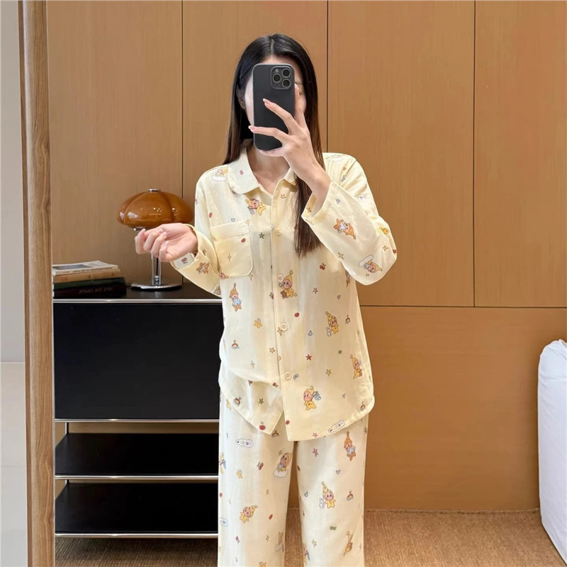 Japanese Export~100 Soft Woven Double-Layer Cotton Gauze Pure Cotton Doll Collar Loungewear Set Long-Sleeve Pajamas and Sleep Pants for Women Japanese Export~100 Soft Woven Double-Layer Cotton Gauze Pure Cotton Doll Collar Loungewear Set Long-Sleeve Pajamas and Sleep Pants for Women