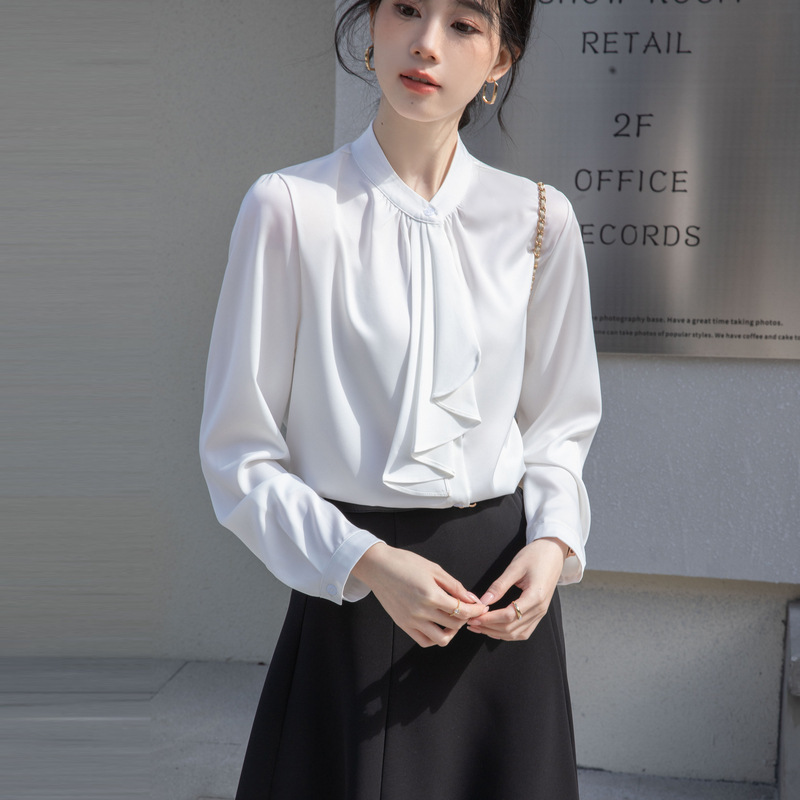 French Elegant Design Ribbon Tie 2025 Spring and Autum White Long-Sleeved Shirt Feminine Work Clothing Professional Shirt