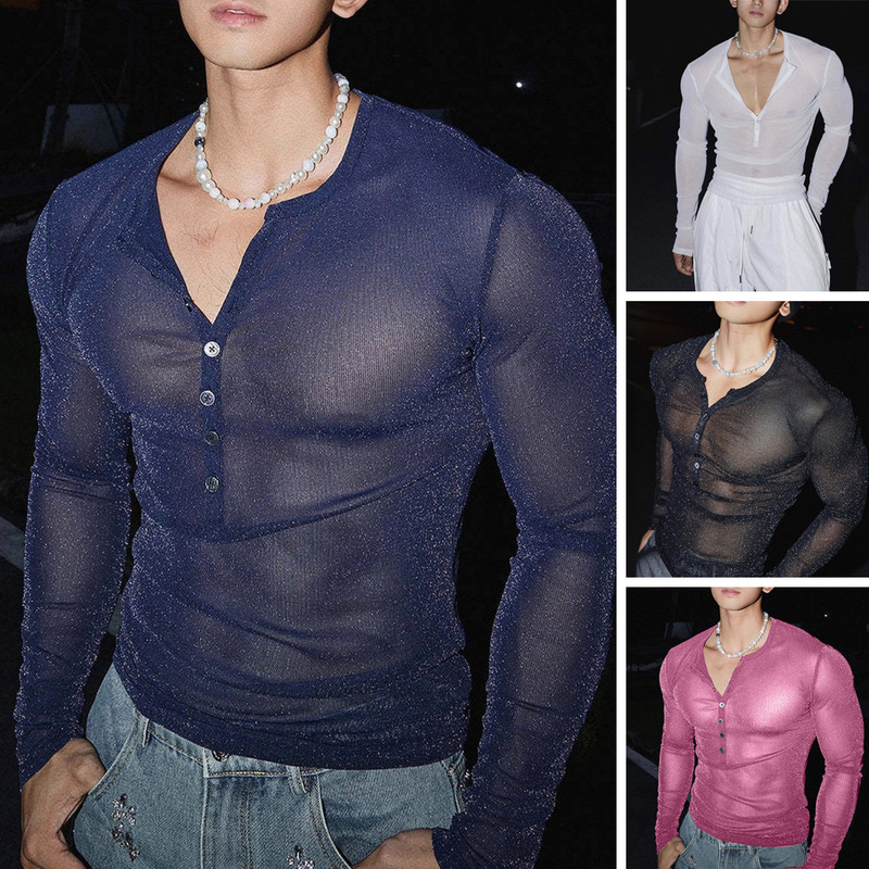[in Stock] European and American Cross-Border Sexy Rhinestone Semi-Sheer Fashion Men's Nightclub Style Button Round Neck Lingerie T-Shirt