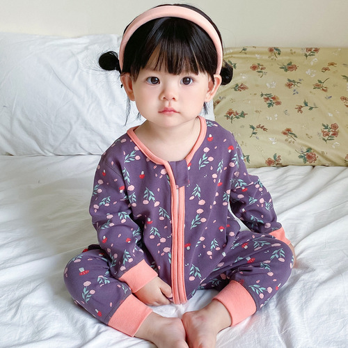 Children's one-piece sleepwear 100% cotton boneless for boys and girls, long sleeve home wear baby sleeping bag kick-proof blanket suitable for all four seasons