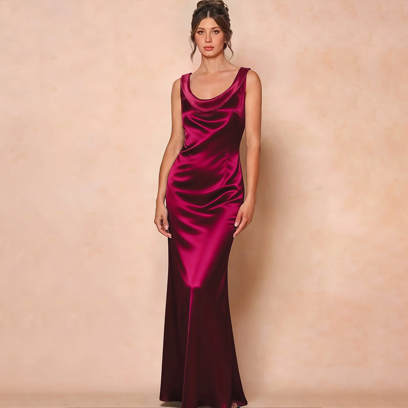 Burgundy Satin Evening Gown, Scoop Neck Sleeveless Slim Fit Mermaid Long Dress, Banquet Toast Dress for Women Burgundy Satin Evening Gown, Scoop Neck Sleeveless Slim Fit Mermaid Long Dress, Banquet Toast Dress for Women