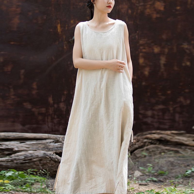 Summer New Style Cotton and Linen Loose Plus-Size Mid-Length Dress, Pure Cotton Comfortable Sleeveless Tank Dress for Women Summer New Style Cotton and Linen Loose Plus-Size Mid-Length Dress, Pure Cotton Comfortable Sleeveless Tank Dress for Women