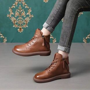 Winter New Soft Leather Brown Martin Boots Ins Style British Style Autumn and Winter Hot Style Small Thick Bottom Short Boots for Women