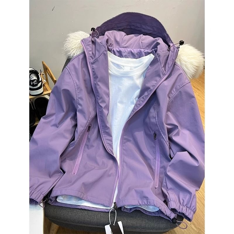 紫色連帽衝鋒衣女秋冬2025新款美式復古小個子寬鬆水工裝外套潮