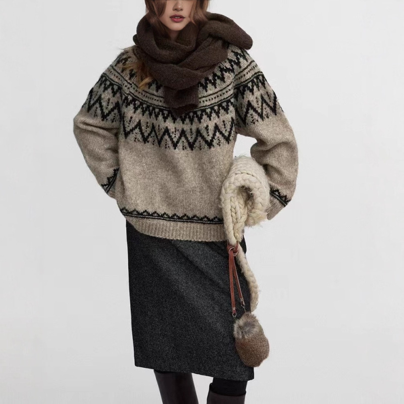Iceland Is Snowing' Retro Fluffy High Alpaca Geometric Plaid Fair Isle Crew Neck Sweater for Women