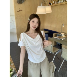 大码夏季新款韩系感露肩荡领百搭短袖纯欲风上衣