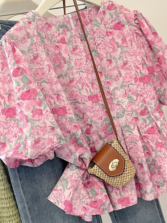 フレンチスタイルラウンドネック甘いシャツ夏の新しいピンクチェリー花柄年齢軽減ベビードール半袖トップ女性用|undefined