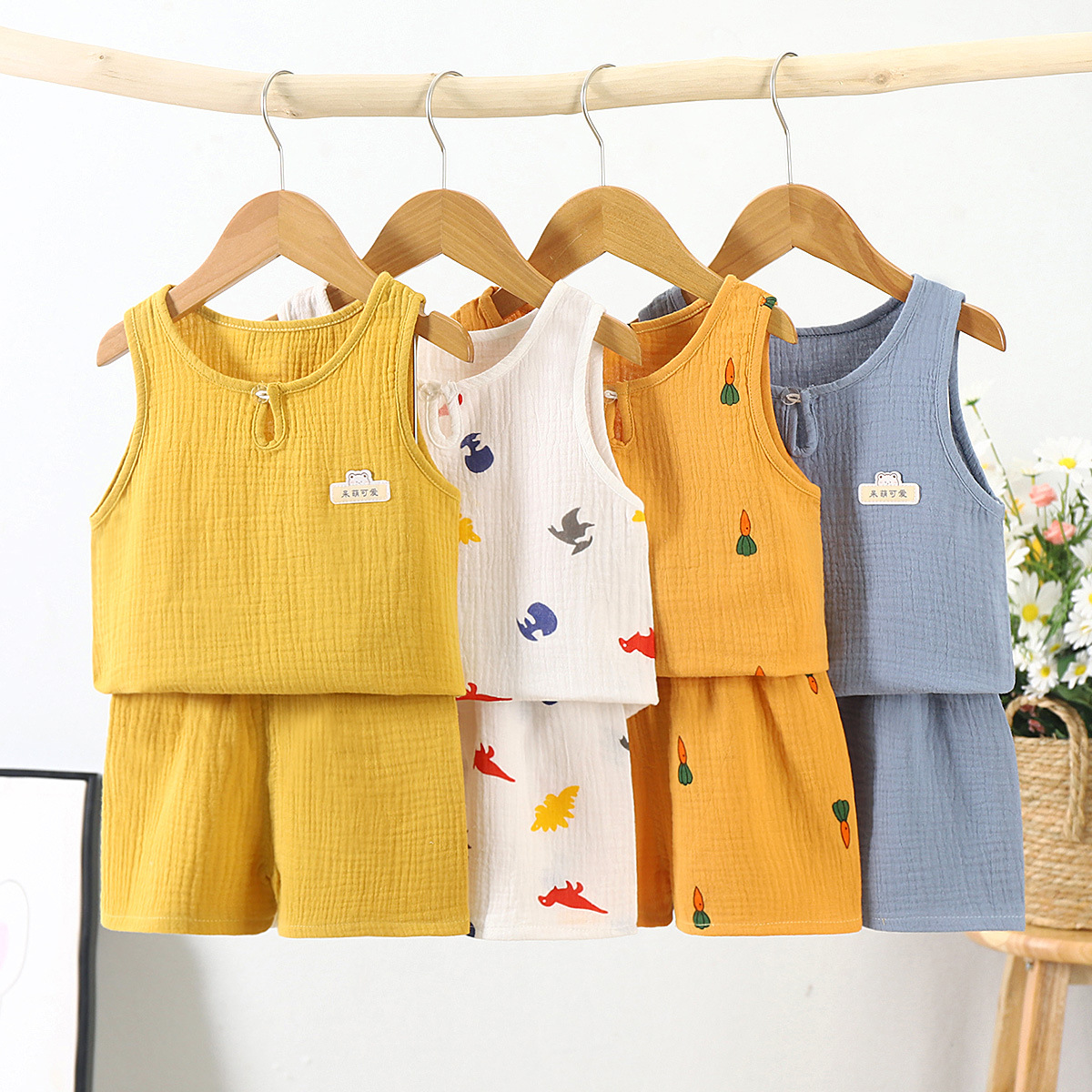 2025 Summer Cotton Yarn Vest Set Men's and Women's Baby Home Clothes Infant and Toddler Two-Piece Shorts Vest Set