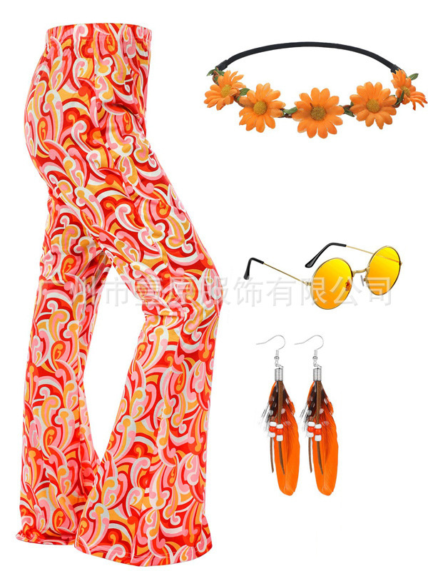 Cross-Border European and American 2025 Amazon Spring/Summer New Style 80S Hippie Retro Print High-Waisted Flared Pants