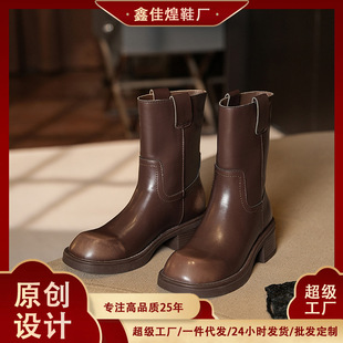 6999-10 Color-polished Retro British Knight Boots Ladies Fall/Winter Thick Heel Slim Middle Barrel Martin Boots Short Boots