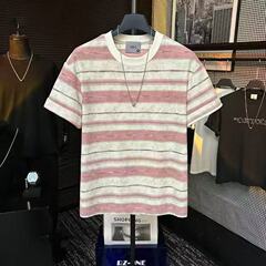 撞色扎染条纹短袖设计极简T恤圆领休闲风微阔夏季百搭情侣上衣