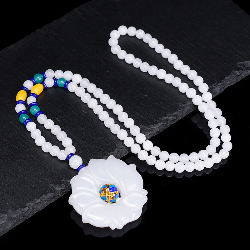 智贝详情图_2金丝玉毛衣链新疆白玉双面莲花项链景泰蓝配饰玉吊