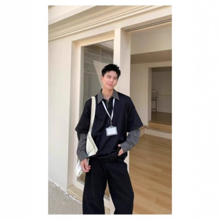 美式拼接假两件男款秋季潮流学院风百搭长袖翻领高级感衬衫领T恤.