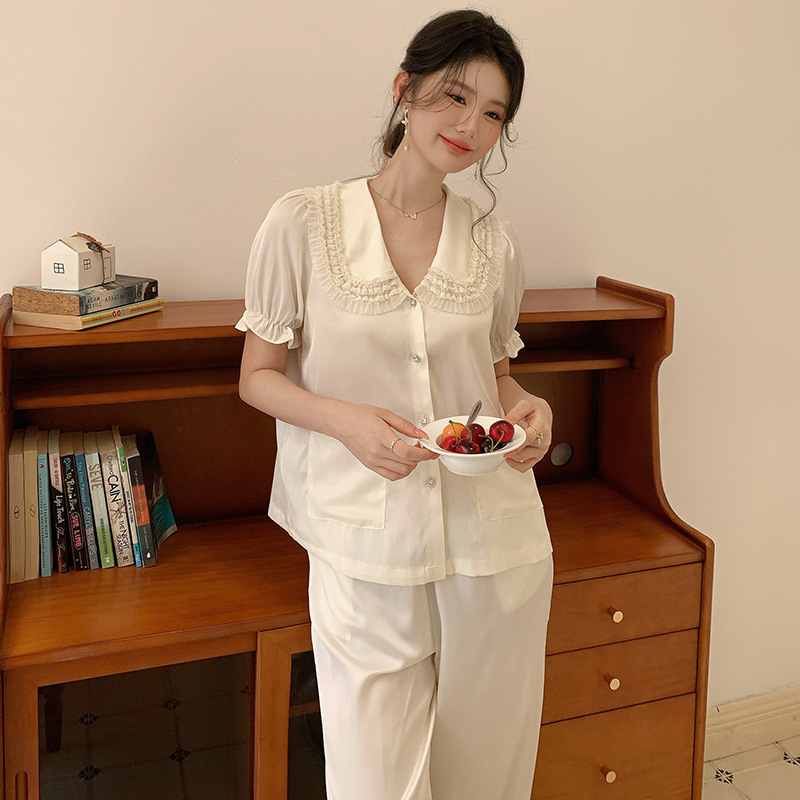 法式新款色丁睡衣女士夏季甜美高级感宽松短袖长裤家居服可外穿|undefined