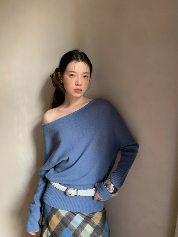 诠释美 NEWOPEN 25秋多色全羊毛坑条长袖斜肩两穿套头毛衣女F6252|undefined