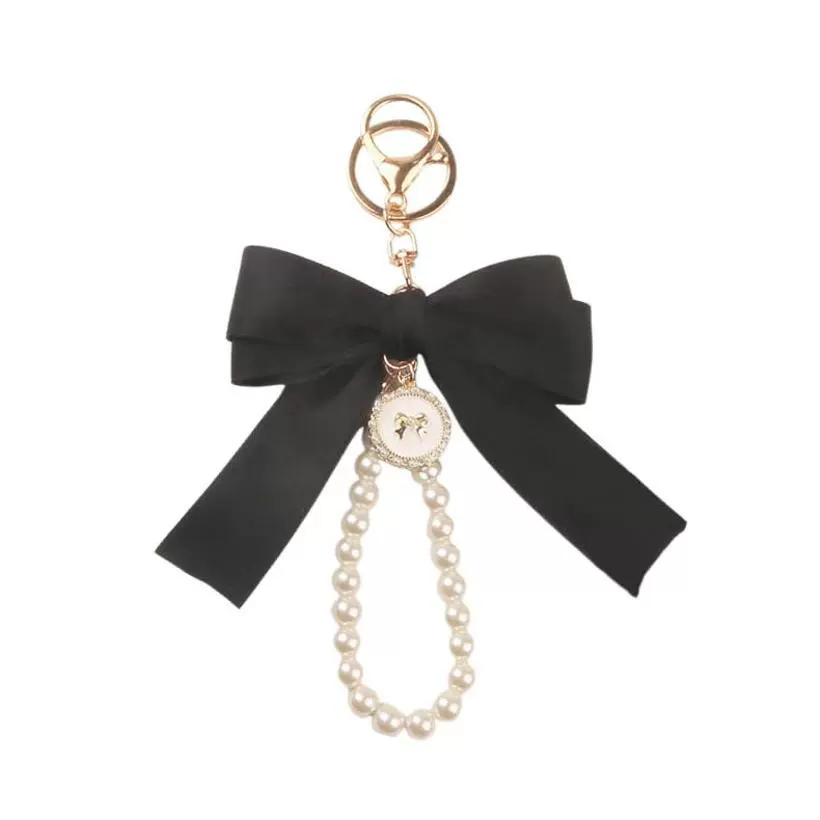 Брелок keychain с жемчужным подвесом и бантом из ленты, петля из бусин, 12×9 см