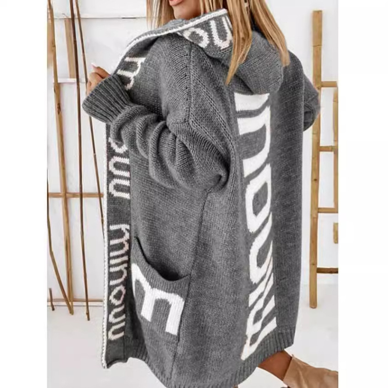 Amazon Women's Sweater Autumn and Winter New Hooded Alphabet Knitwear European and American Long Sweater Coat F0002 Amazon Women's Sweater Autumn and Winter New Hooded Alphabet Knitwear European and American Long Sweater Coat F0002
