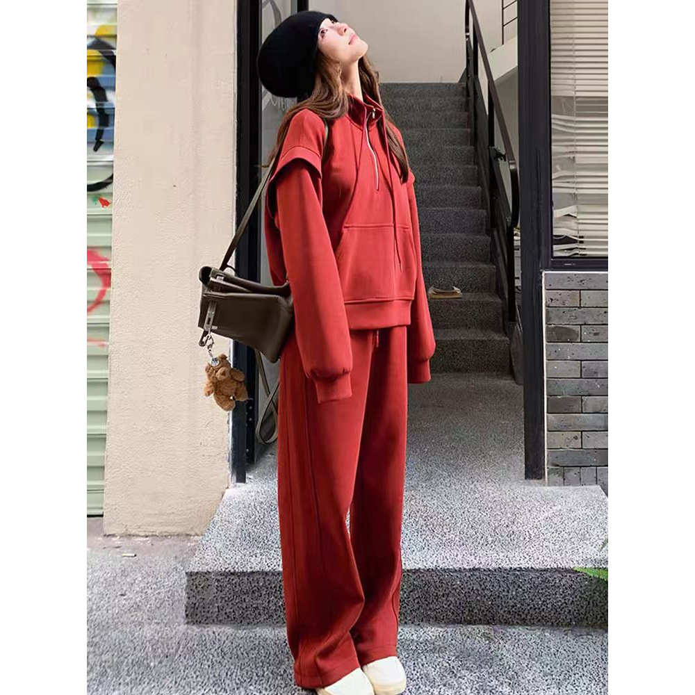 ng2510292 Pure Cotton Red Salt Sweet Style Age-Reducing Slimming Sweatshirt Sports For Women Spring And Autumn Casual Long Pants_ecoleips.com