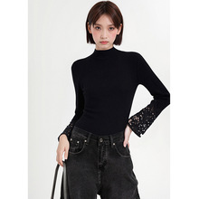 【朗*定单】设计感蕾丝拼接黑色针织衫女2025秋冬新款半高领上衣