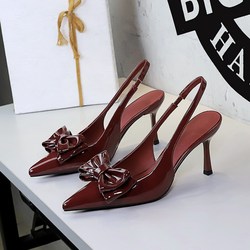 9629-H139 European and American style banquet fashionable back air slim high heels women's shoes, double-layer bow lacquered leather pointed toe women's shoes