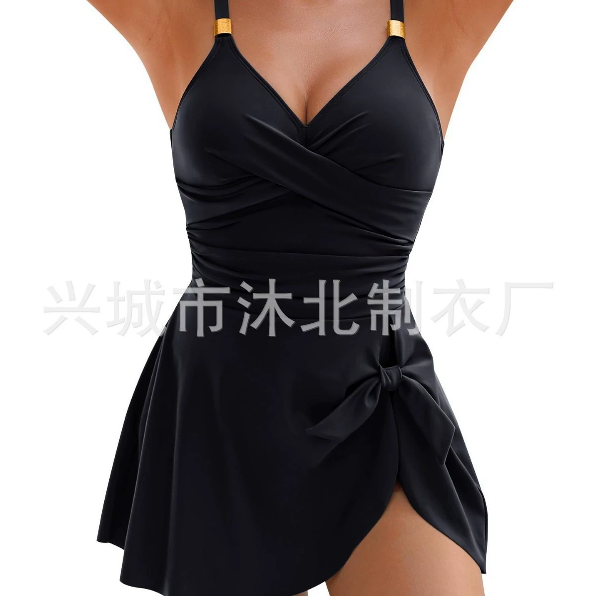 Женский новый цельный купальник с юбкой-контролем живота в европейском и американском стиле, золотой металлический завязанный купальник для женщин 2025