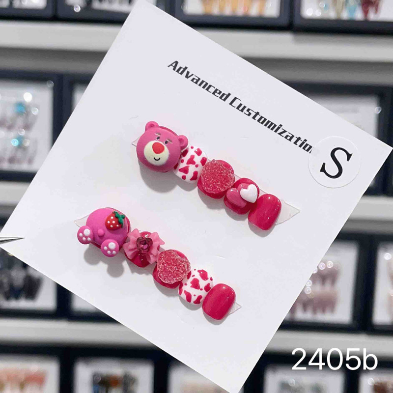 Children's 3D Strawberry Bear Short Nail Art Stickers, Handmade for Festivals