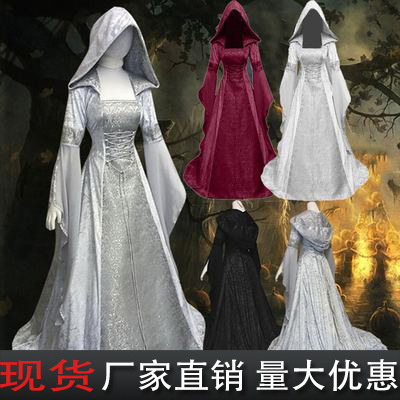 Cross-Border 2022 Simple Women's Cos Clothing Medieval Retro Style Wedding Dress 4-Color Hooded Waist Dress Cospla