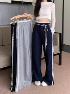 设计感蕾丝边休闲裤女春秋款高腰宽松运动裤垂感阔腿裤长裤
