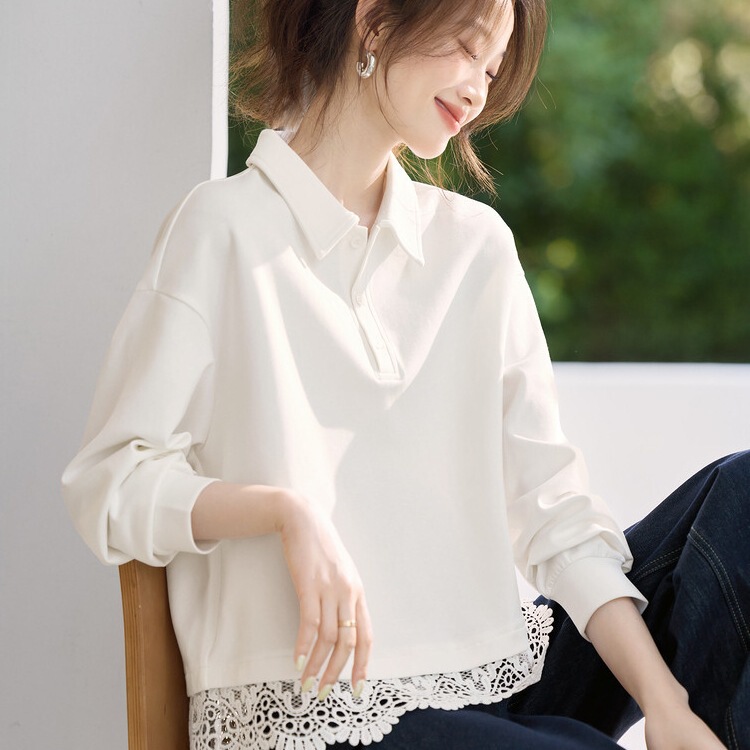 轻生活透气翻领卫衣2025季新款蕾丝拼接百搭通勤上衣女|undefined