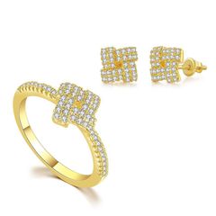Hot-selling 3D Sugar Cube Earrings and Ring Set for Women, Gold-Plated with Micro-Inlaid Zircon – Cross-Border Wholesale Kit
