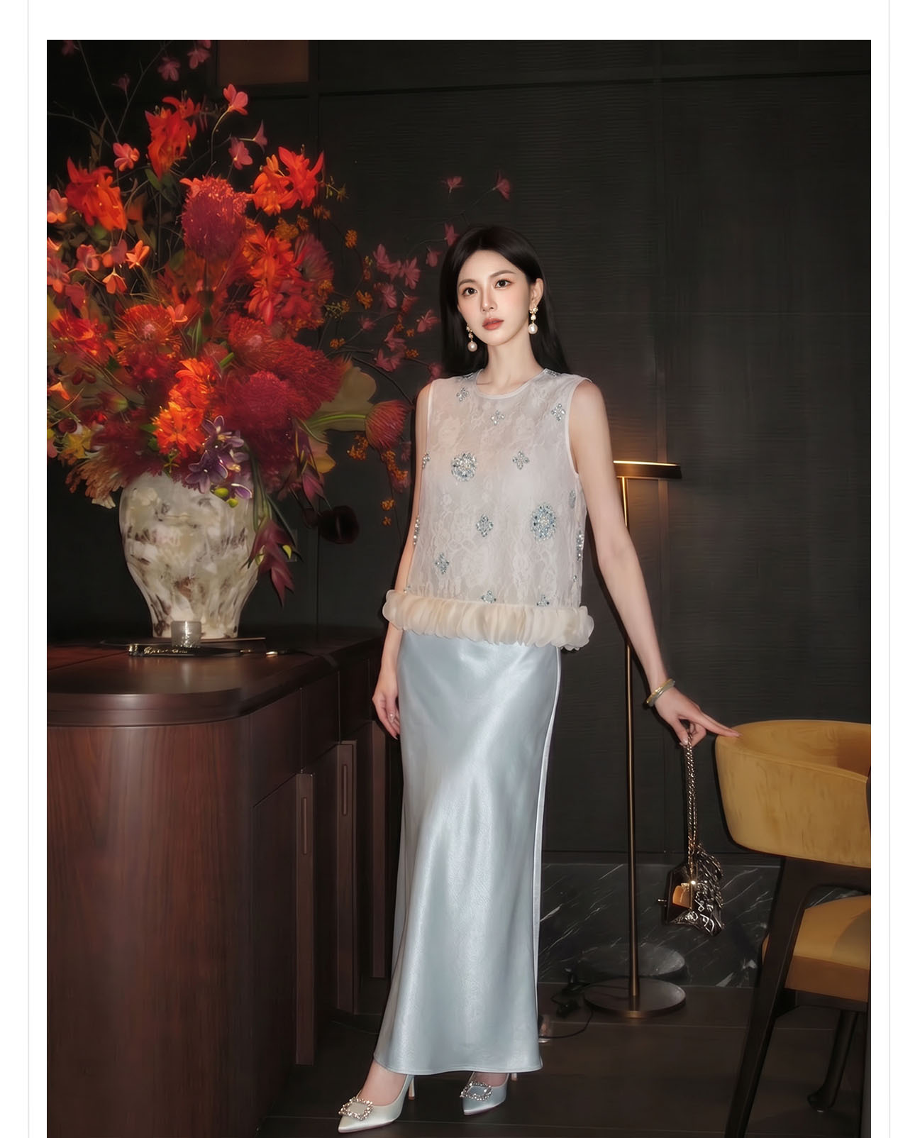 Bộ áo gile đính cườm thêu hoa cách tân + chân váy trơn thanh lịch nữ — bộ đồ, Trang chủ, Màu xanh nửa váy chi tiết 9