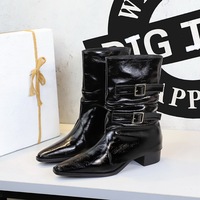 578-19 pointed western cowboy boots, women's retro style, virtue, thick heel, mid leg pants, tube boots, stacked boots, knight boots