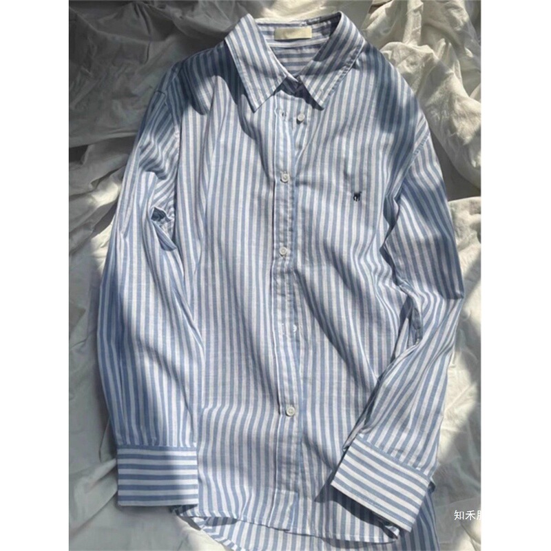RL Little Pony Korean-style striped shirt, spring/summer collection, unisex, with a collar, slimming effect, long sleeves, loose and casual style, open-front design RL Little Pony Korean-style striped shirt, spring/summer collection, unisex, with a collar, slimming effect, long sleeves, loose and casual style, open-front design