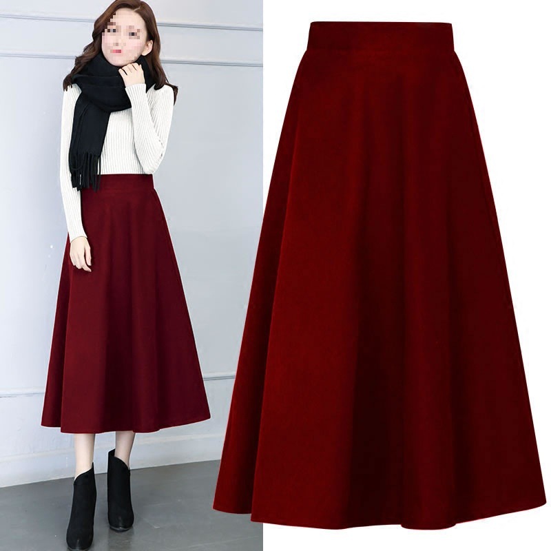 Autumn and Winter Thickeneded Woolen Loose Skirt Woolen Skirt Mid-Length Umbrella Skirt Spliced Pure Color Without Tag