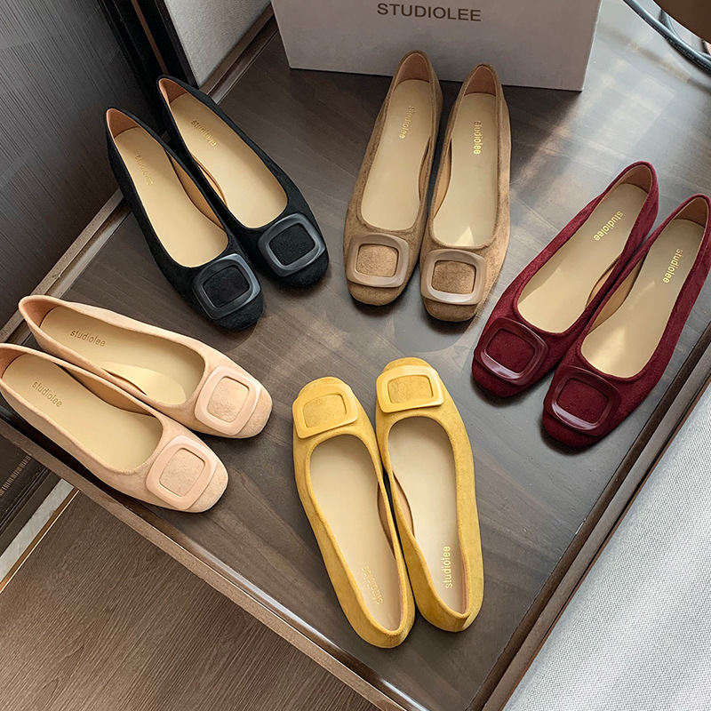 Cowhide Leather Height-Increasing Elegant Ladylike Round-Toe New Style Square Buckle Shallow Mouth Suede Versatile Flat Shoes for Women Spring and Autumn Cowhide Leather Height-Increasing Elegant Ladylike Round-Toe New Style Square Buckle Shallow Mouth Suede Versatile Flat Shoes for Women Spring and Autumn