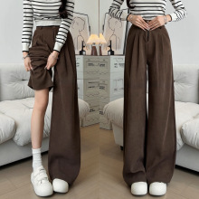 咖色灯芯绒阔腿裤子女秋冬2025新款加绒小个子窄版直筒垂感西装裤