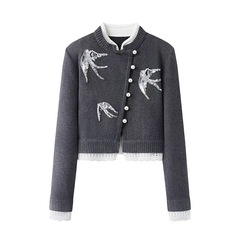 現物2024春新作ファッション斜め前立てつばめ貼り布刺繍ニットカーディガンレディースlf25c31zm2023