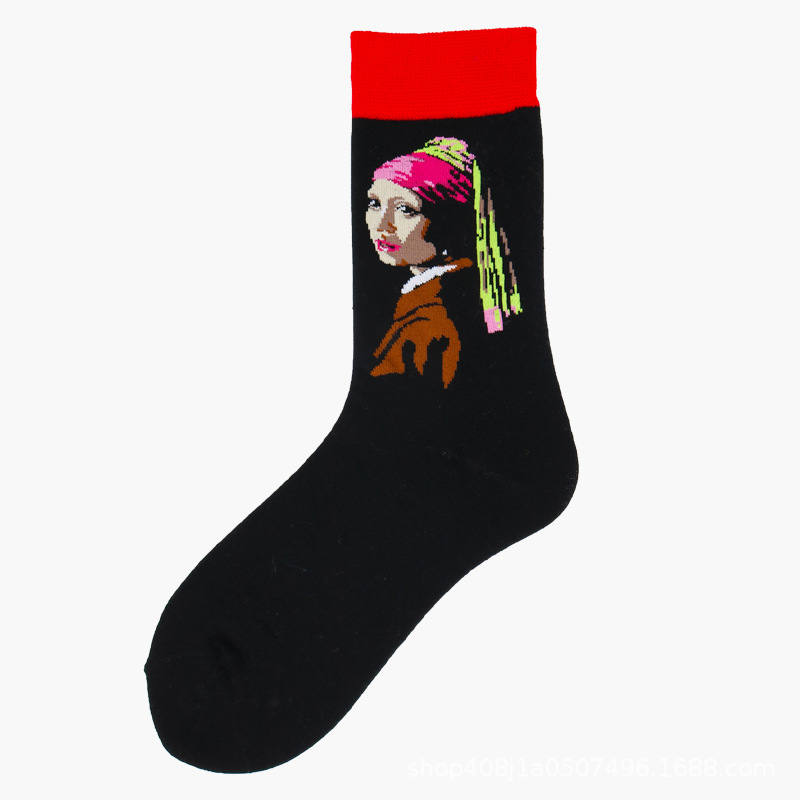 Calcetines de Comercio Exterior, Calcetines de Media Pantorrilla con Pintura al Óleo de Estilo Creativo Europeo y Americano, Calcetines Largos de Moda Transfronterizos, Calcetines de Algodón de Media Pantorrilla para Otoño e Invierno.